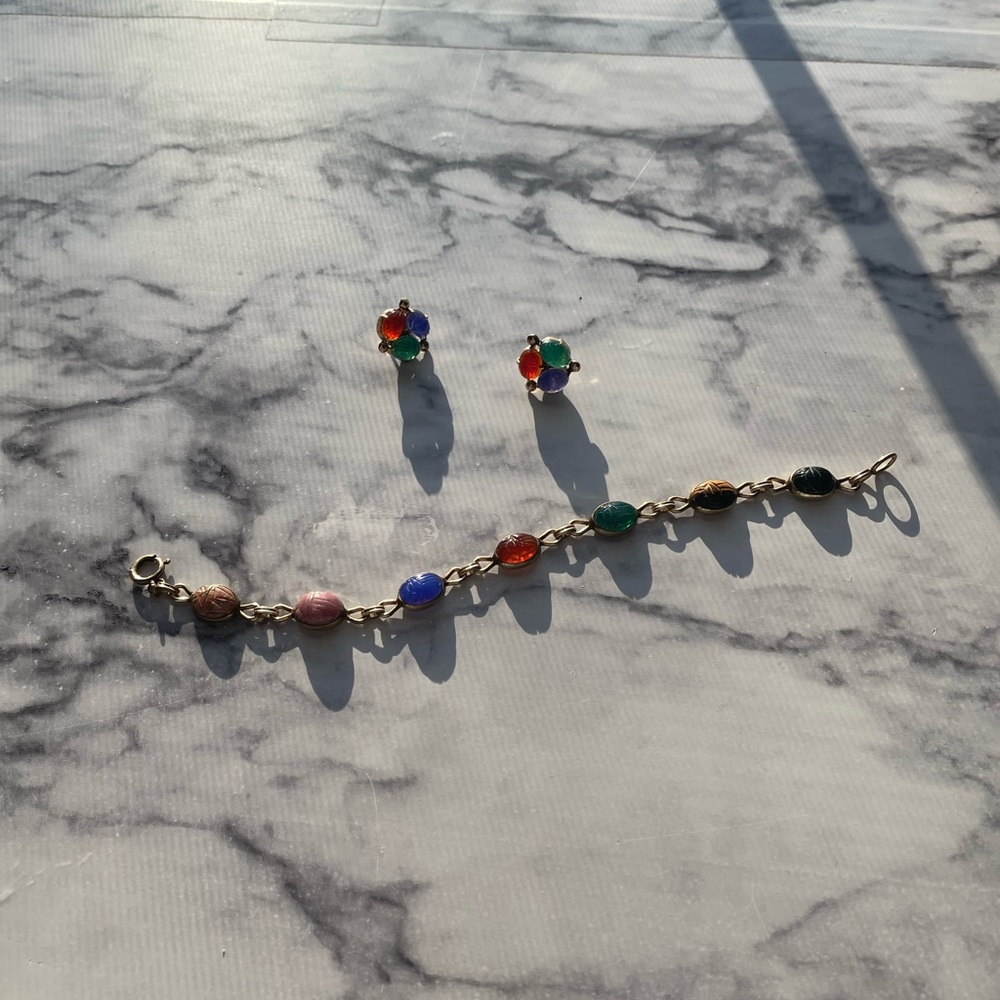 14k gold scarab bracelet with matching earrings